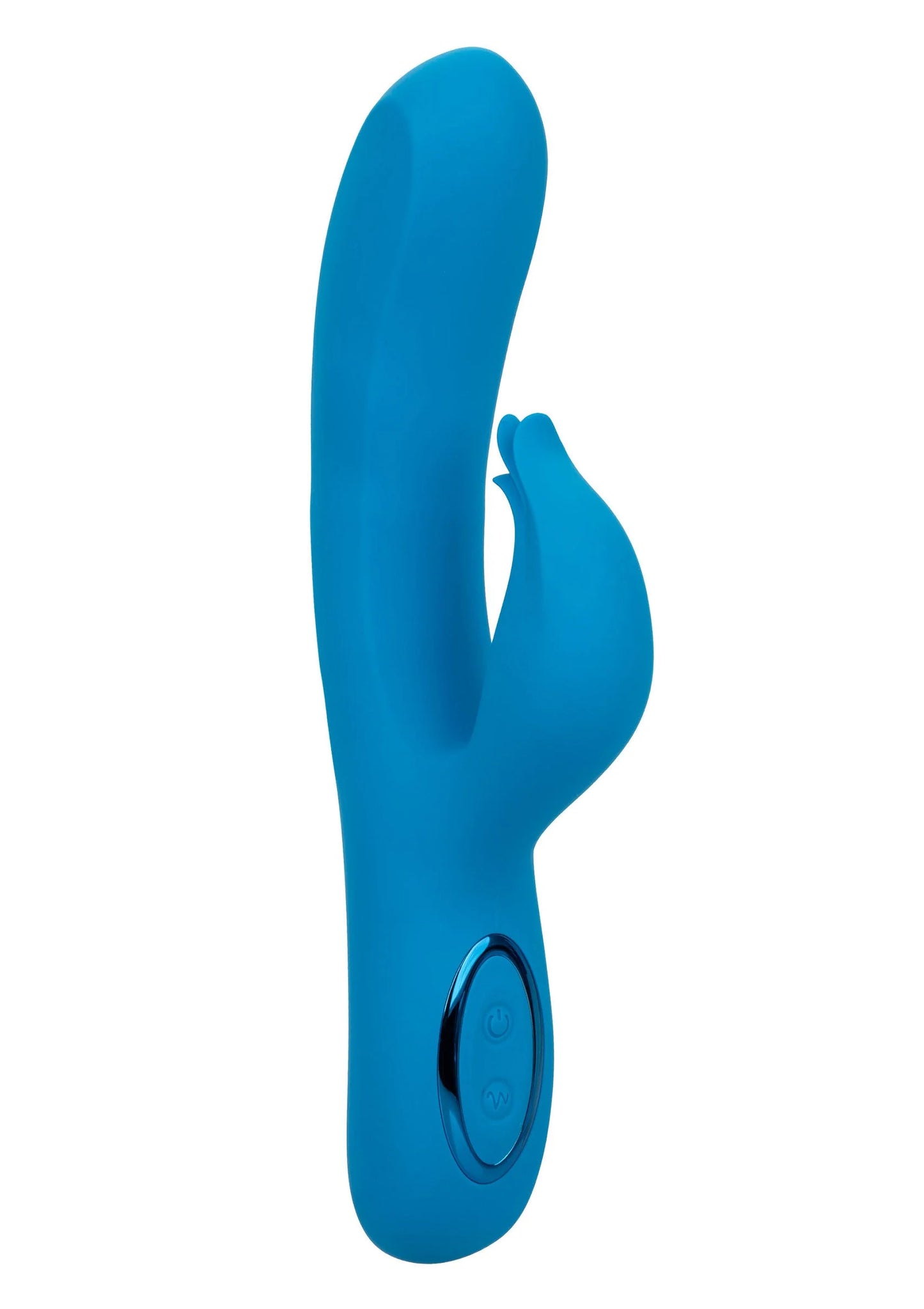 Blauwe dual-motor vibrator met gebogen vorm en bedieningsknop