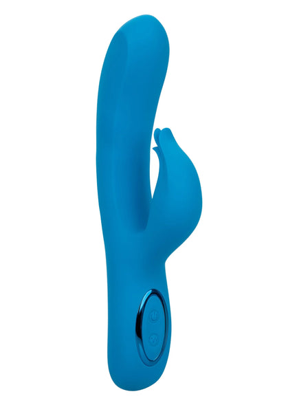 Blauwe dual-motor vibrator met gebogen vorm en bedieningsknop