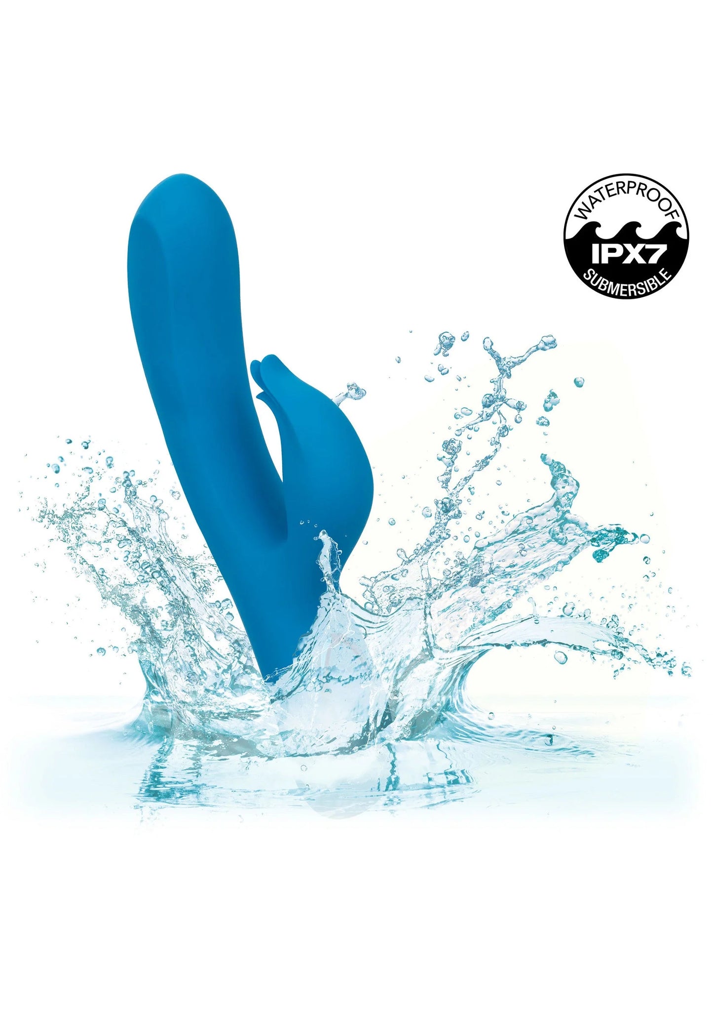 Blauwe waterdichte vibrator met spetters en IPX7-logo