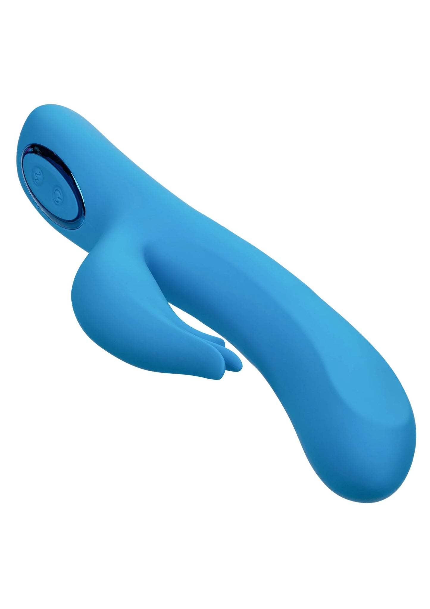 Blauwe vibrator in S-vorm met bedieningsknop aan één uiteinde