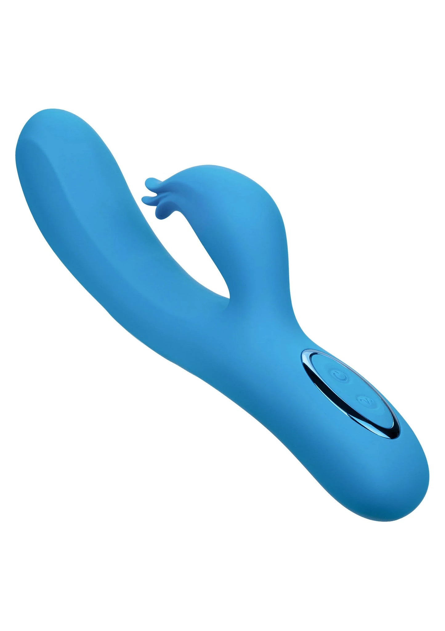 Blauwe gebogen vibrator met ovale bedieningsknop en afgeronde uiteinden