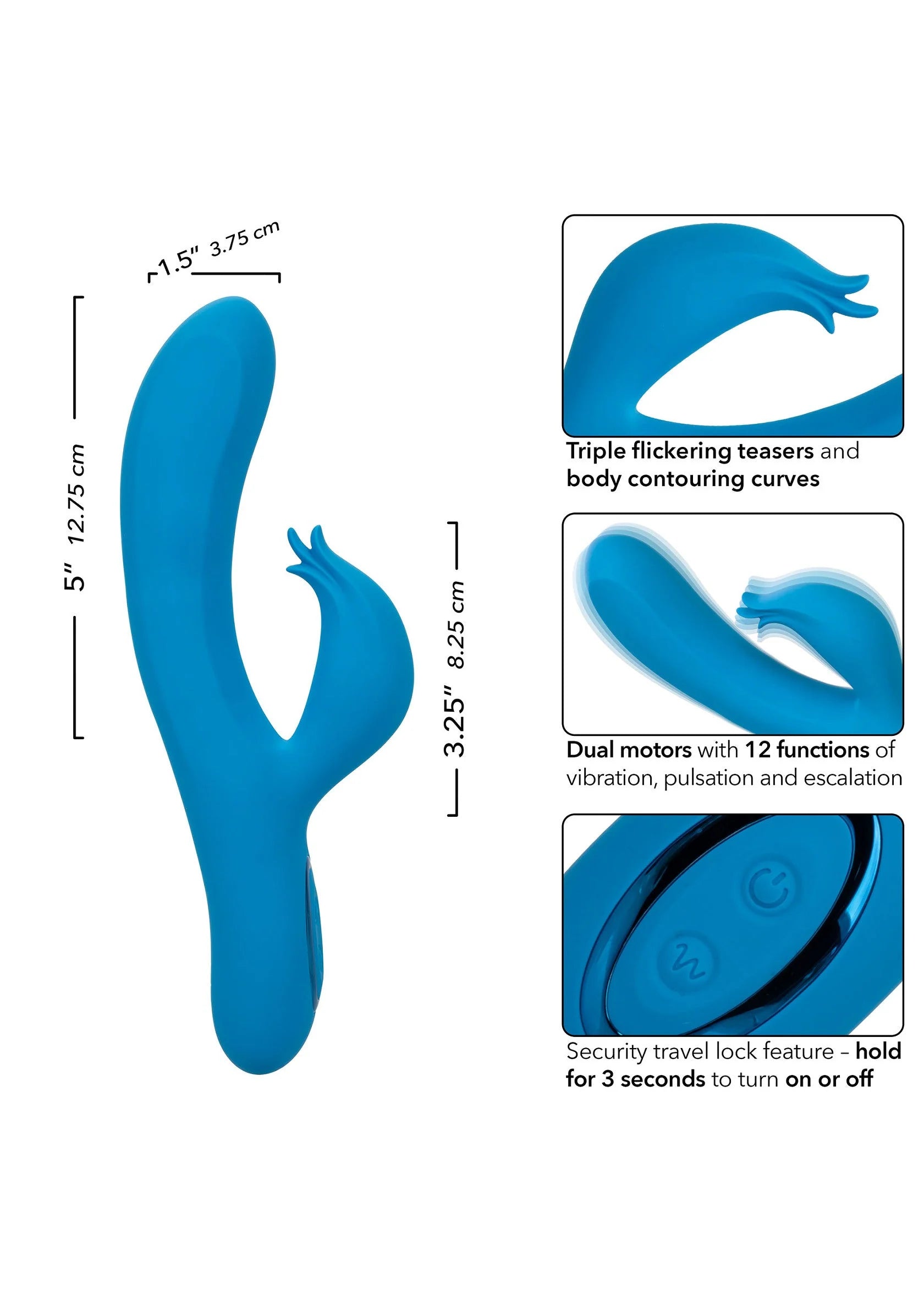 Blauwe vibrator met ovaal bedieningspaneel, inclusief contour- en maatschets