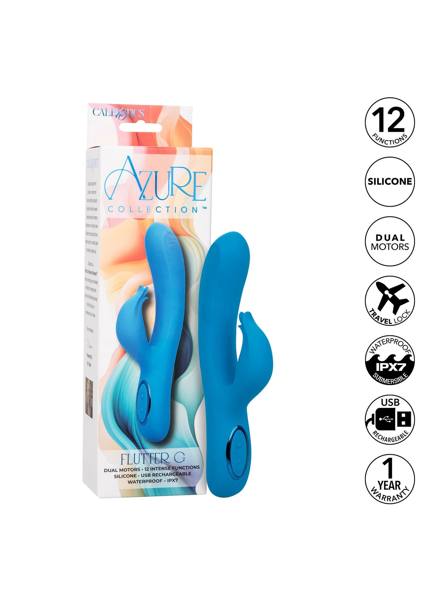 CalExotics Azure Collection verpakking met blauwe vibrator en functiepictogrammen