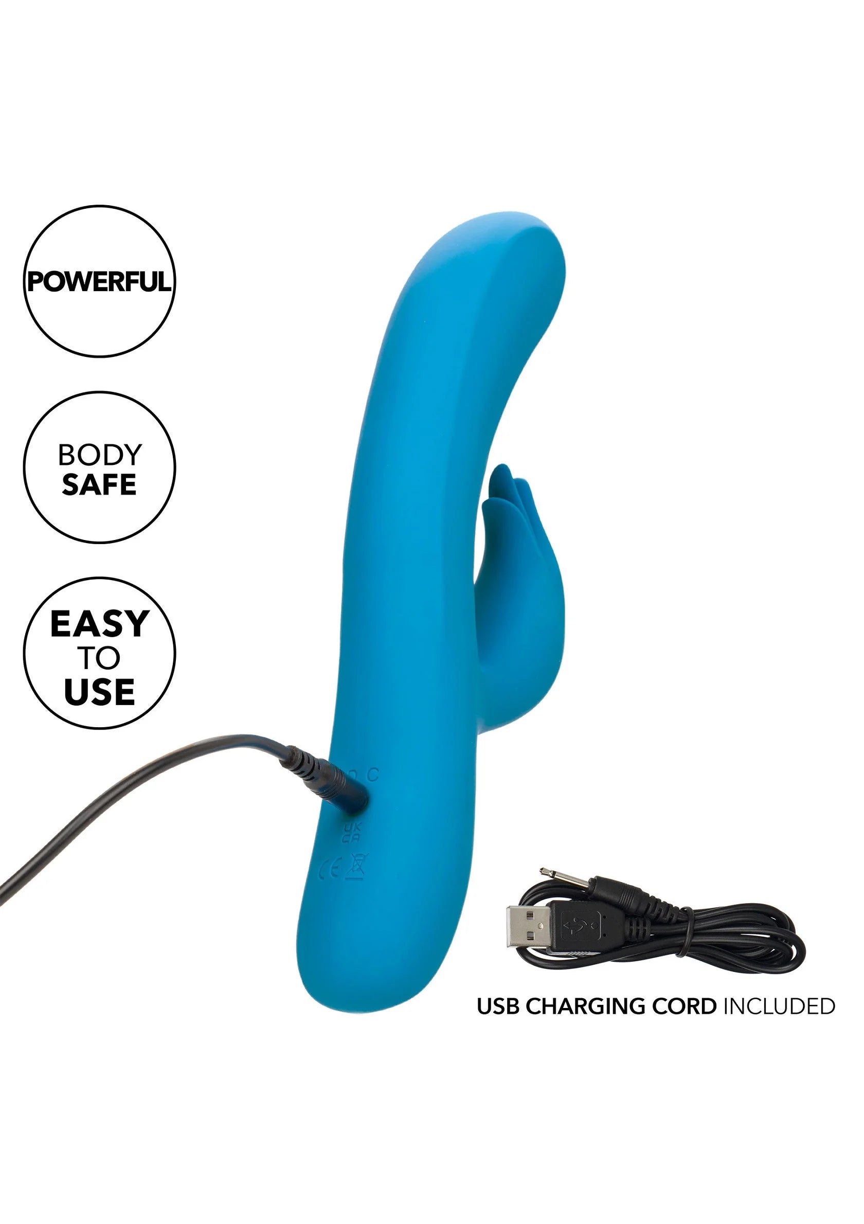 Blauwe vibrator met USB-oplaadsnoer en afgeronde handgreep