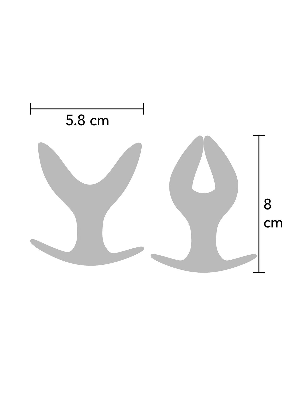 Maatdiagram met grijze anale plugs en afmetingen 5,8 cm en 8 cm