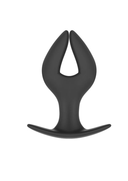 Donkergrijze anale plug met lange kern, brede flens en afgeronde punt.