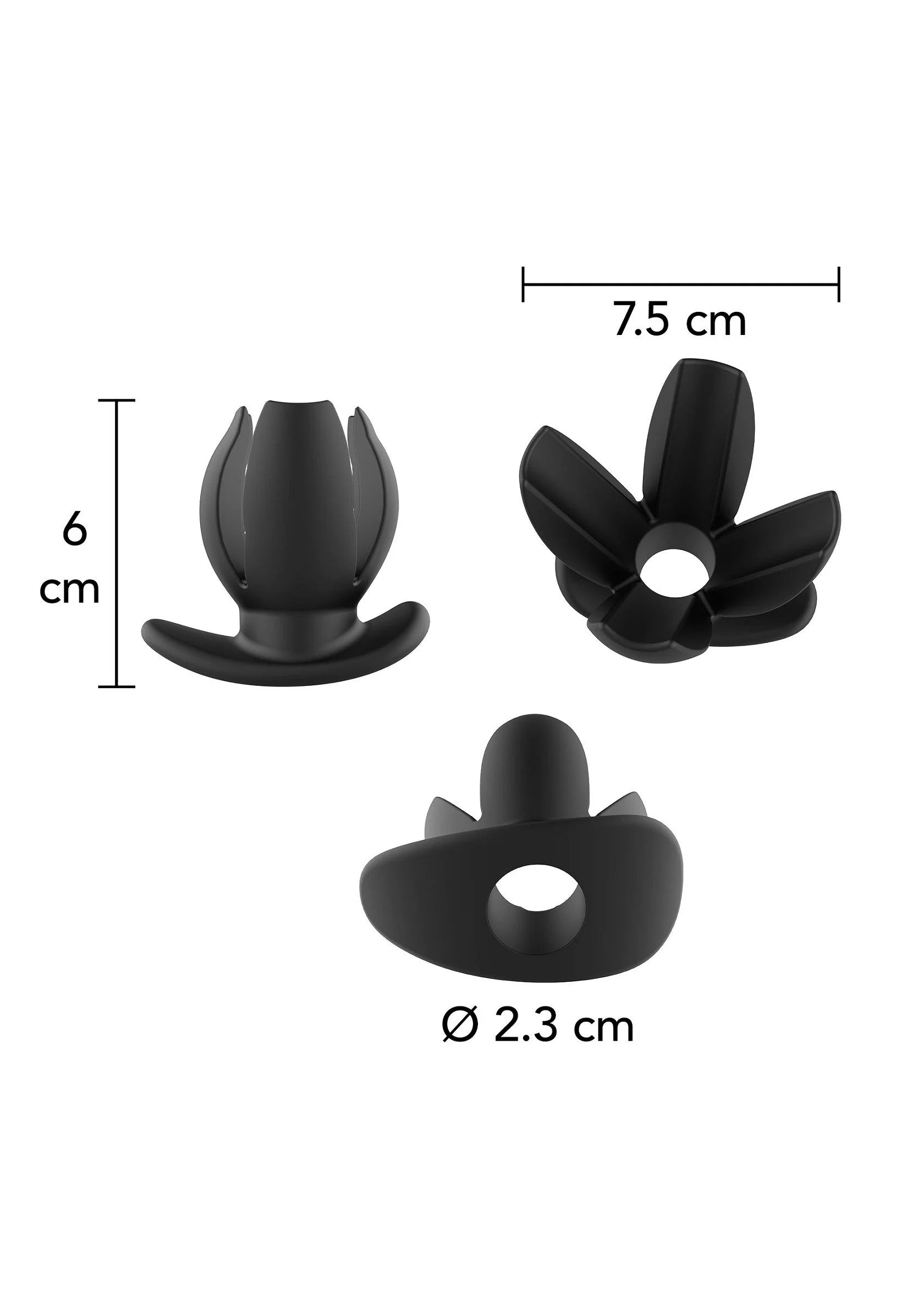 Zwarte 4-weg spreider anale plug met afmetingen (6 cm, Ø 2,3 cm)