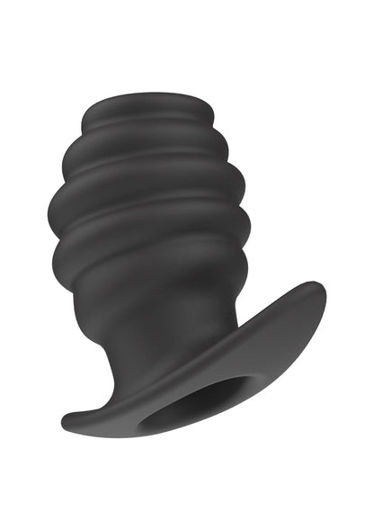 Zwarte open plug in close-up, geribbelde vorm en schuine punt