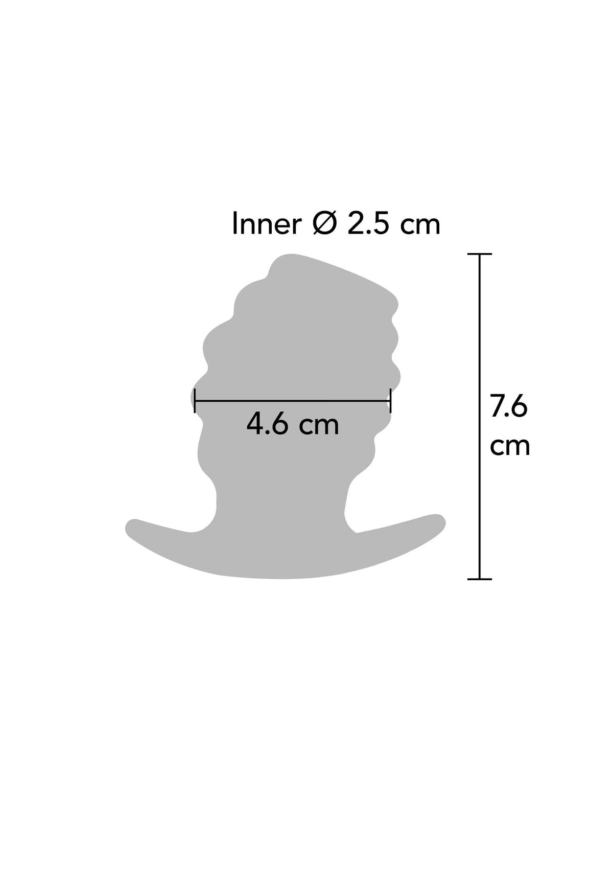 Silhouet met afmetingen: inner Ø 2,5 cm, 4,6 cm breed en 7,6 cm hoog
