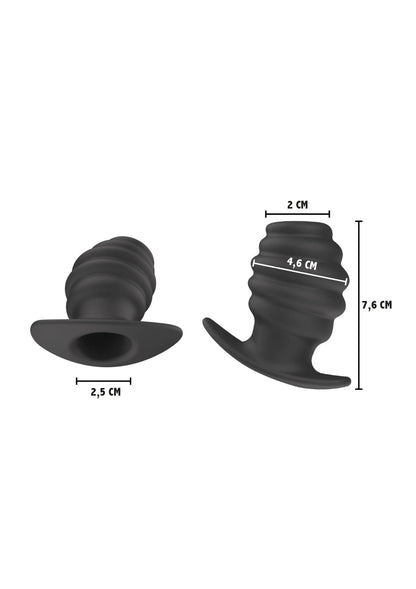 Zwarte open anale plug met afmetingen: 7,6 cm hoog; inner Ø 2,5 cm; 4,6 cm