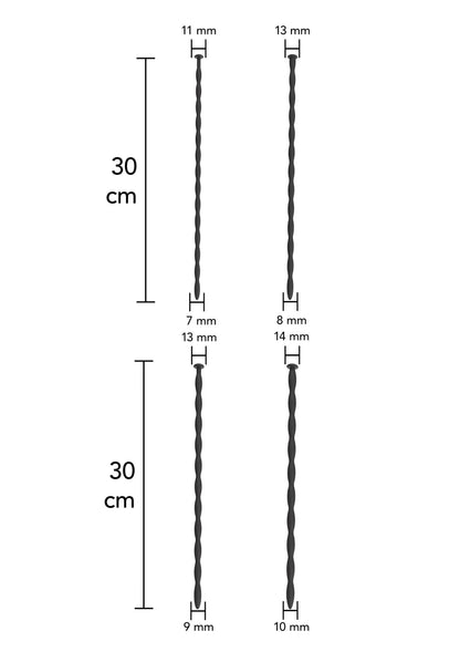 Maatekening: 4 penisverdunners, 30 cm lang, basisbreedte 7–10 mm
