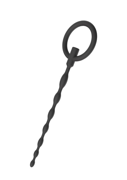 Zwarte plug met ring en lange gedraaide steel, in staande positie