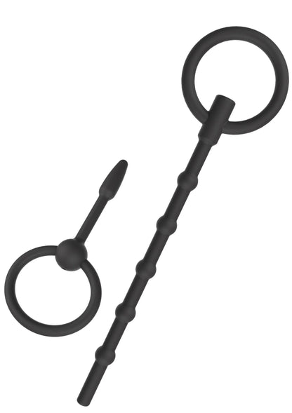 Penisplug set, twee zwarte pluggen met ronde ring en geribbelde steel