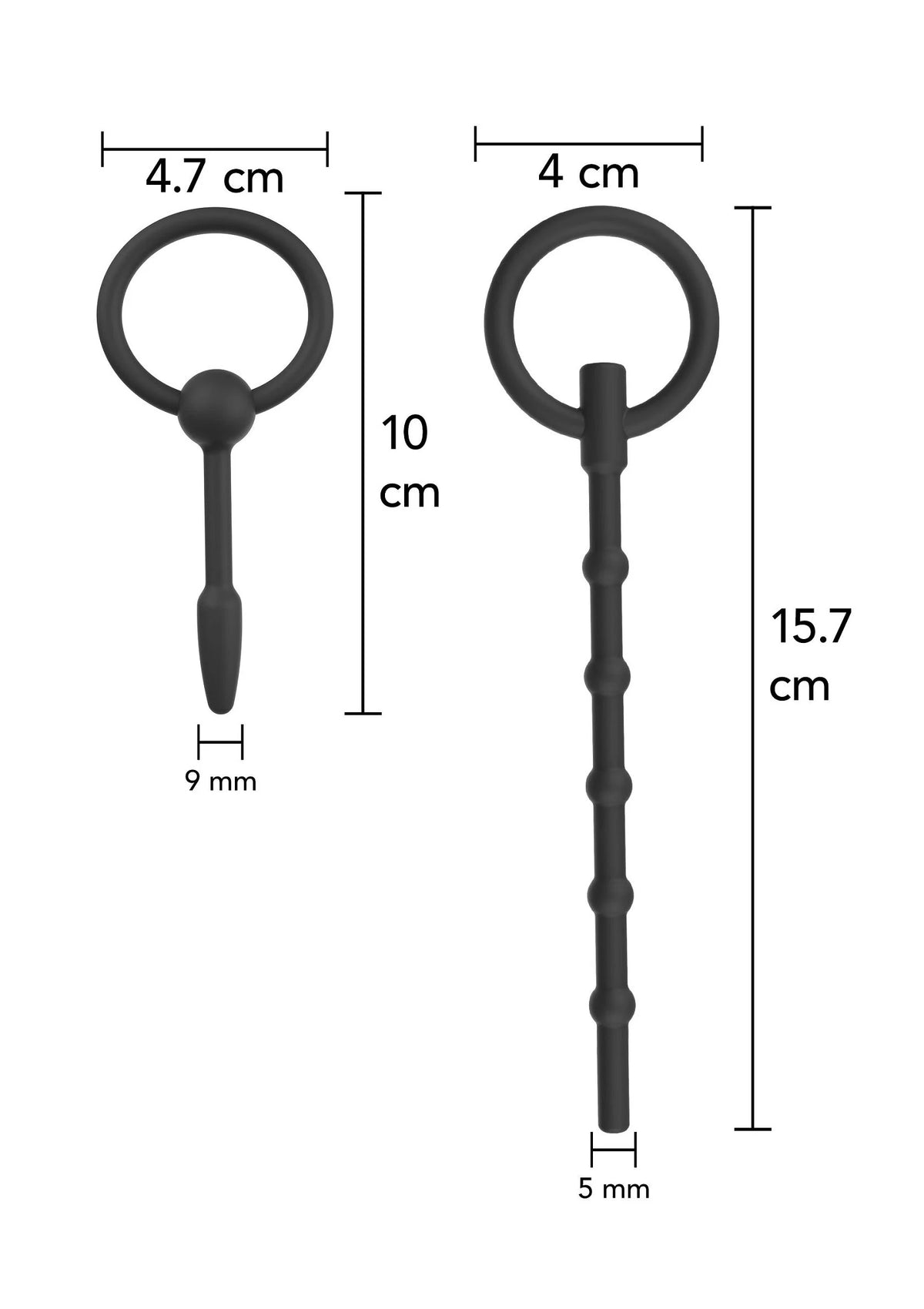 Afmetingen penisplug: ring 4,7 cm, lengte 10 cm; dun uiteinde 9 mm