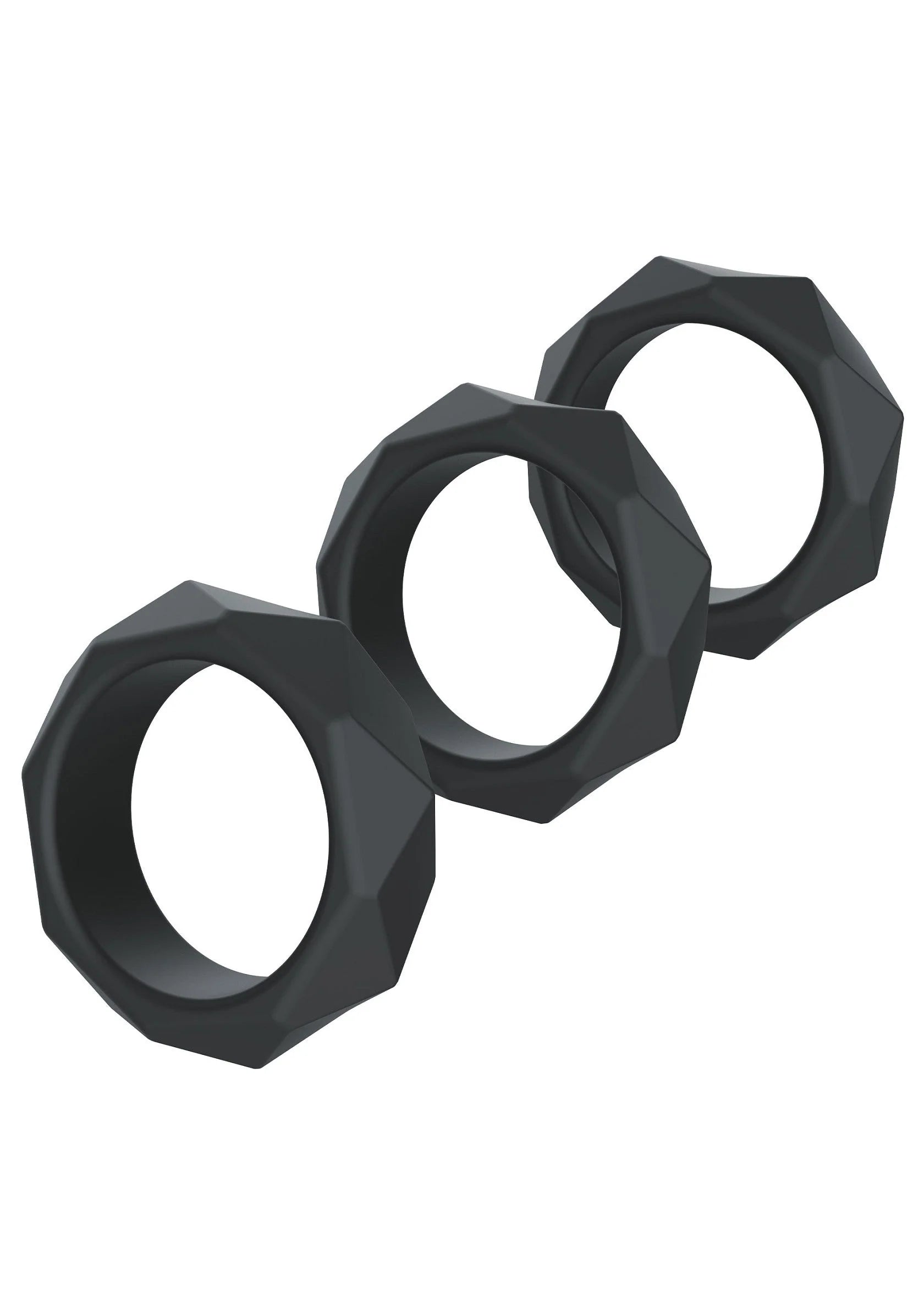 Extreme zware C-ring set van Hidden Desire: drie zwarte, facetrandige ringen.