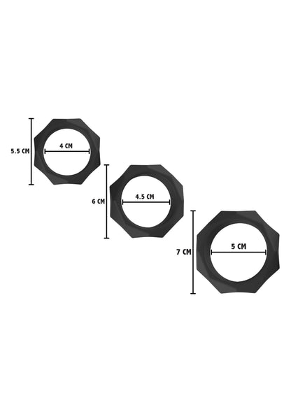 Extreme zware C-ring set: drie zwarte ringen met afmetingen, Ø 4, 4,5 en 5 cm.