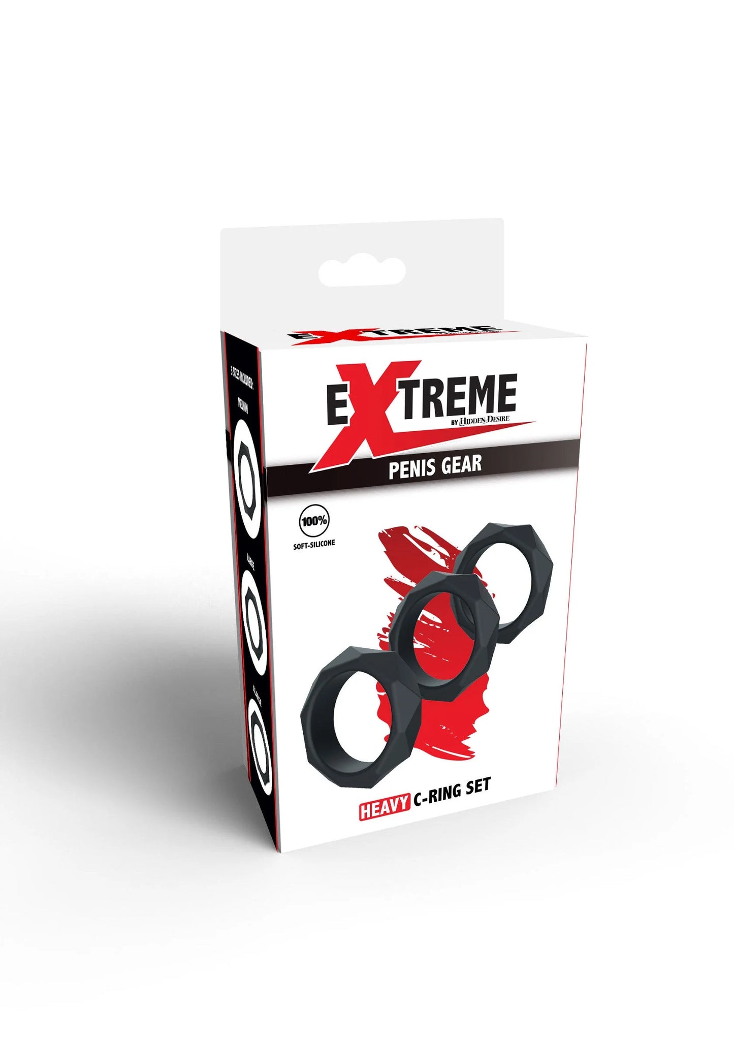Verpakkingsdoos van Extreme zware C-ring set van Hidden Desire met drie zwarte ringen.