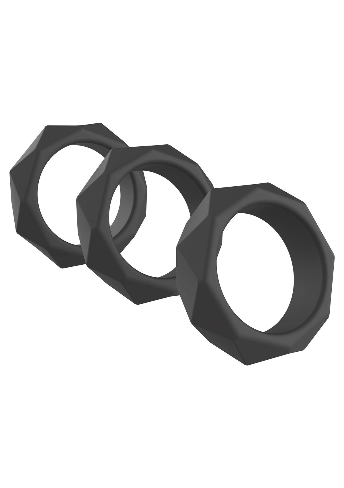 Drie zwarte C-ringen met facetrand, in close-up overlappend getoond.