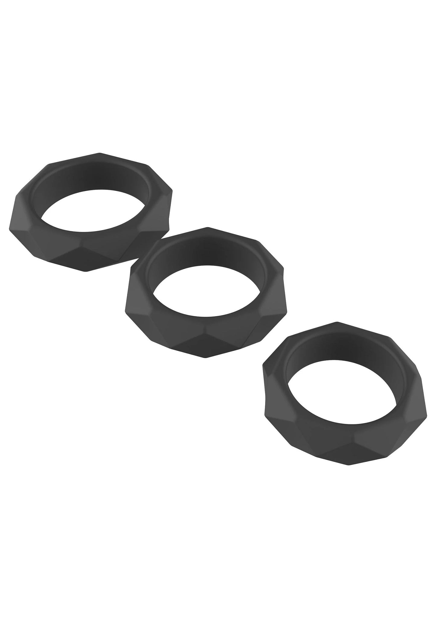 Drie zwarte C-ringen met facetrand, elk apart geplaatst.