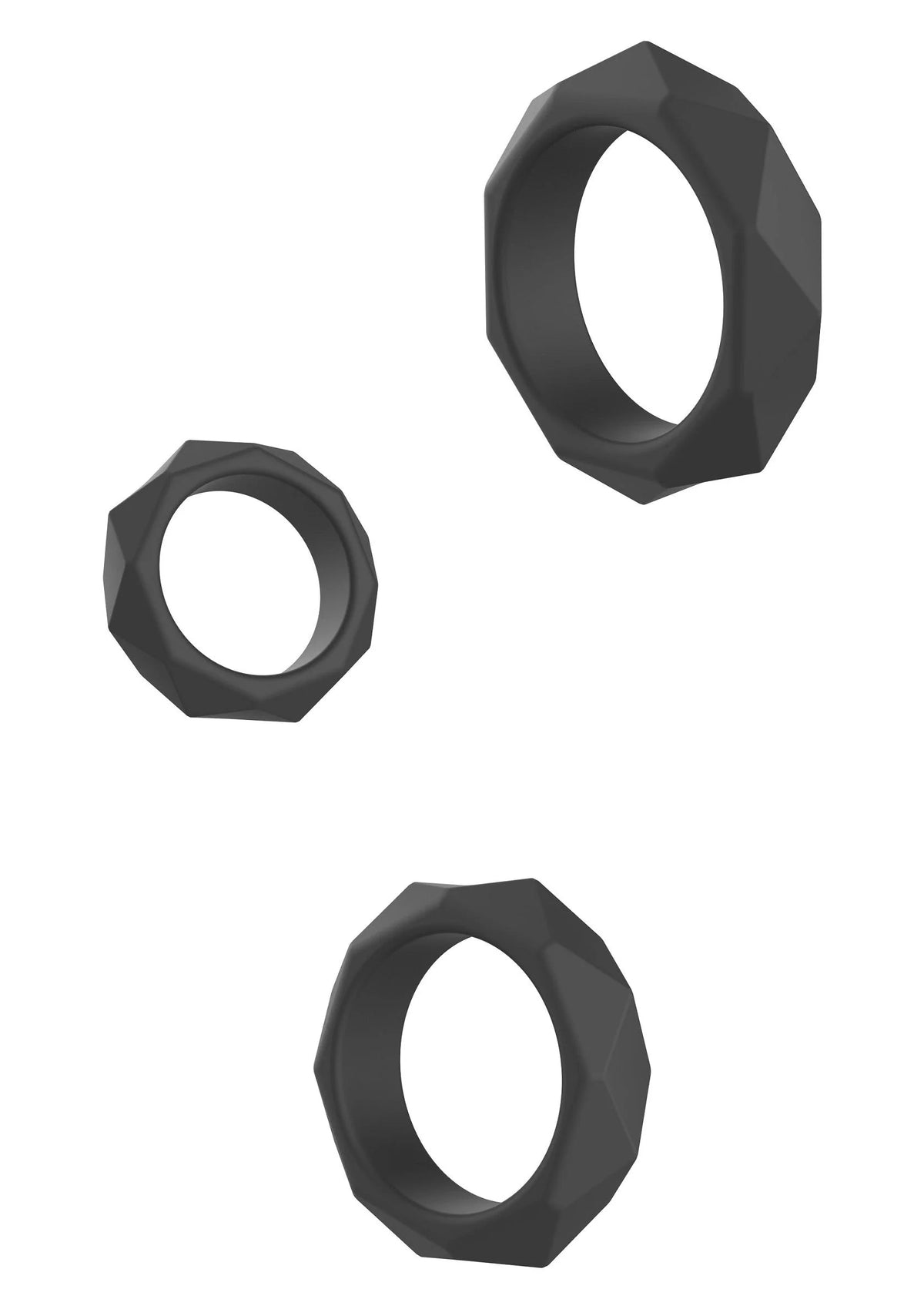 Set van drie zwarte C-ringen in oplopende maten, facetrandige buitenring.