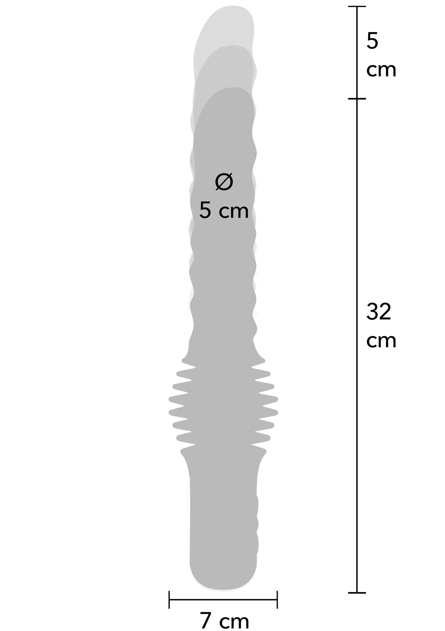 Anale thrusting vibrator, grijze schets met afmetingen 32 cm