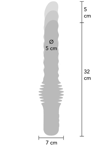 Anale thrusting vibrator, grijze schets met afmetingen 32 cm