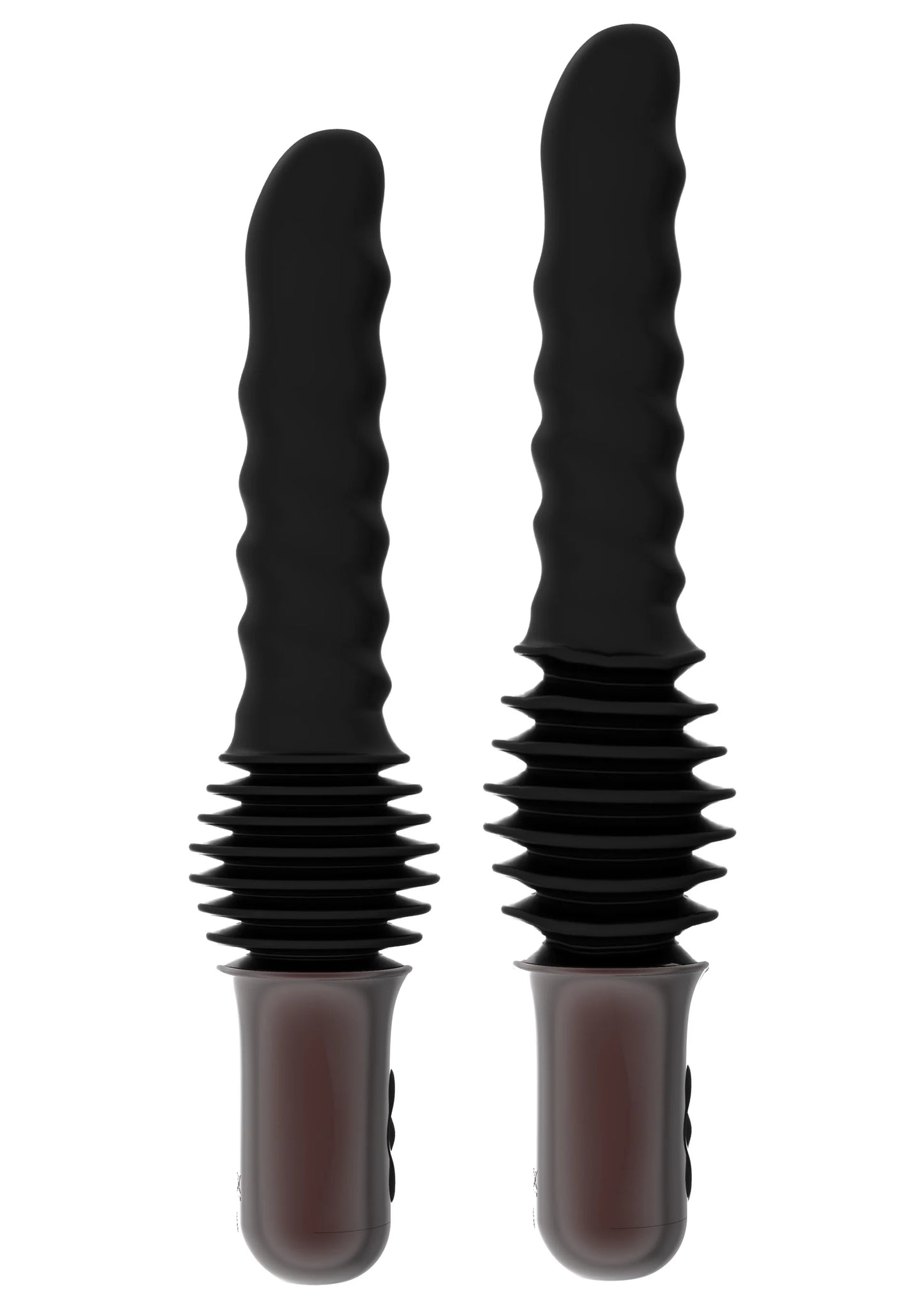 Twee zwarte anale vibrators met geribbelde onderkant en zilveren voet
