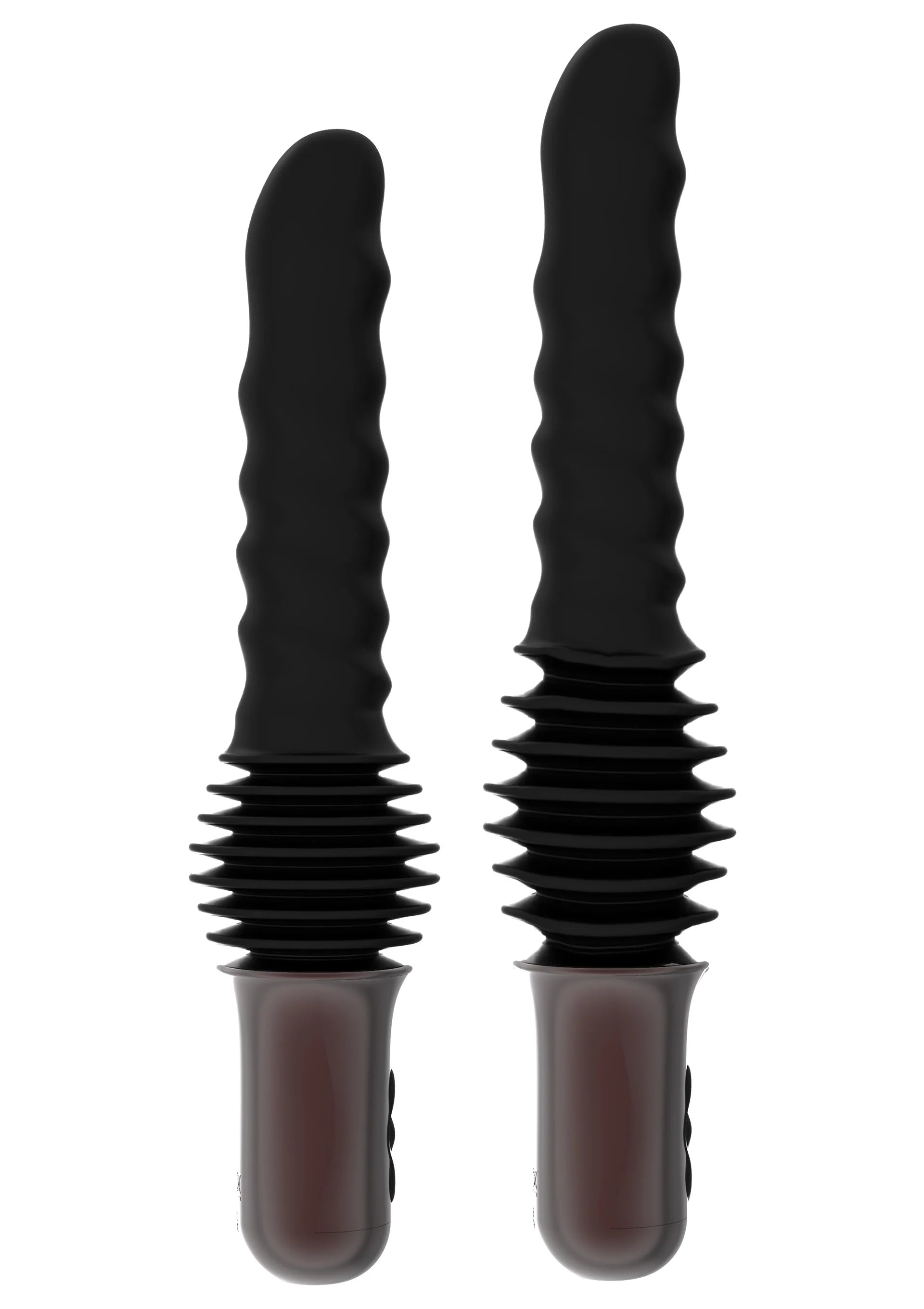 Twee zwarte anale vibrators met geribbelde onderkant en zilveren voet