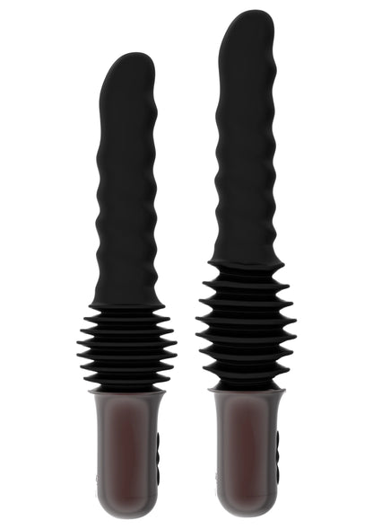 Twee zwarte anale vibrators met geribbelde onderkant en zilveren voet