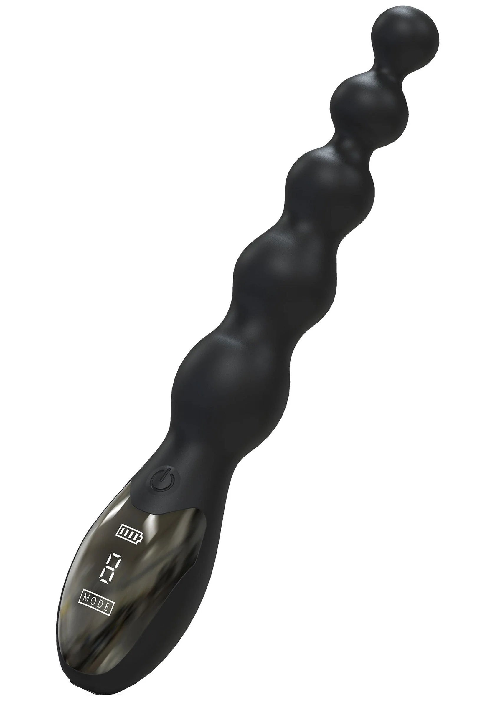 Anale vibrator in zwart met bolletjesstructuur en transparant display op handgreep