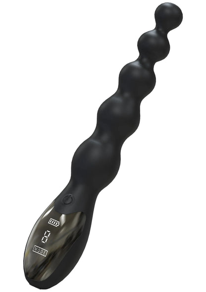 Anale vibrator in zwart met bolletjesstructuur en transparant display op handgreep