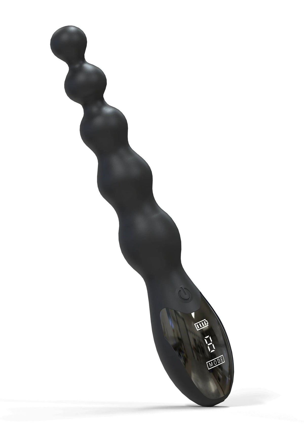 Zwarte anale vibrator met bolletjesstructuur en transparant bedienpaneel onderaan