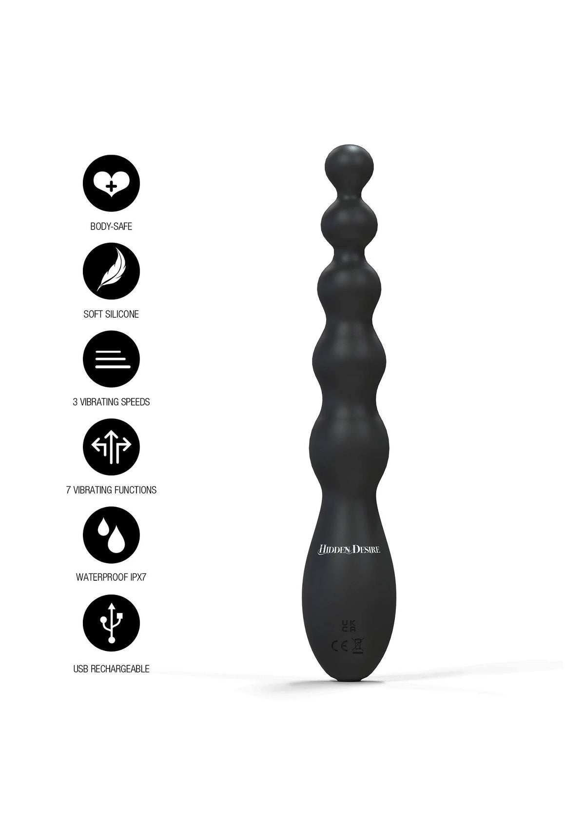 Zwarte anale vibrator met functiepictogrammen en oplaadbaar ontwerp