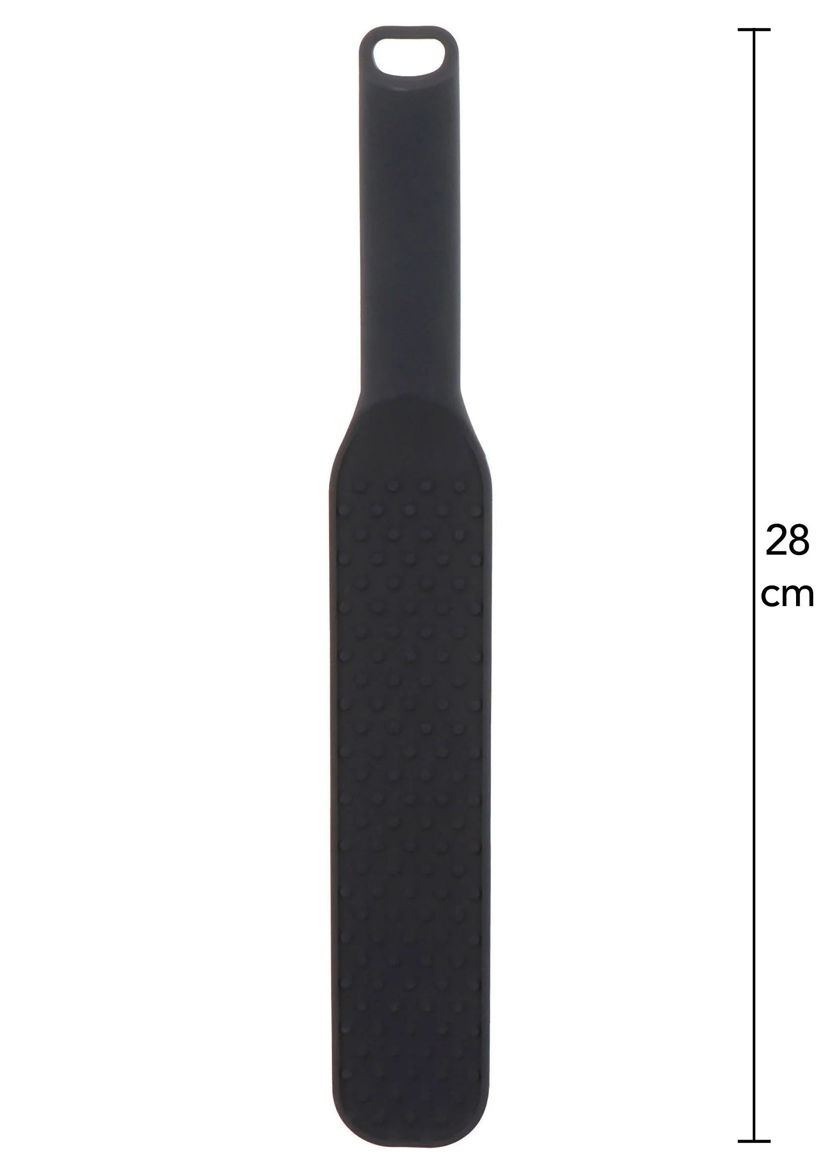 Zwarte spiked paddle, afmeting 28 cm, met ophangoog en stippenstructuur.