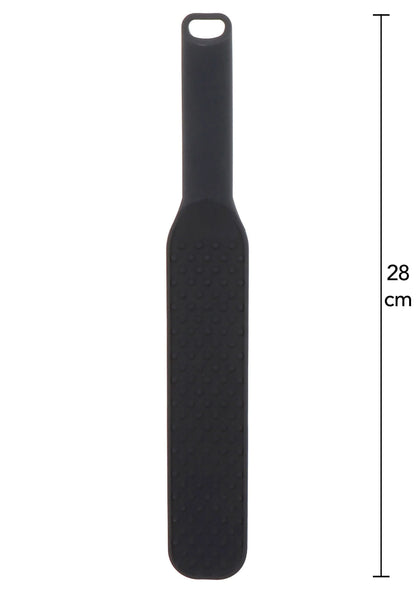 Zwarte spiked paddle, afmeting 28 cm, met ophangoog en stippenstructuur.