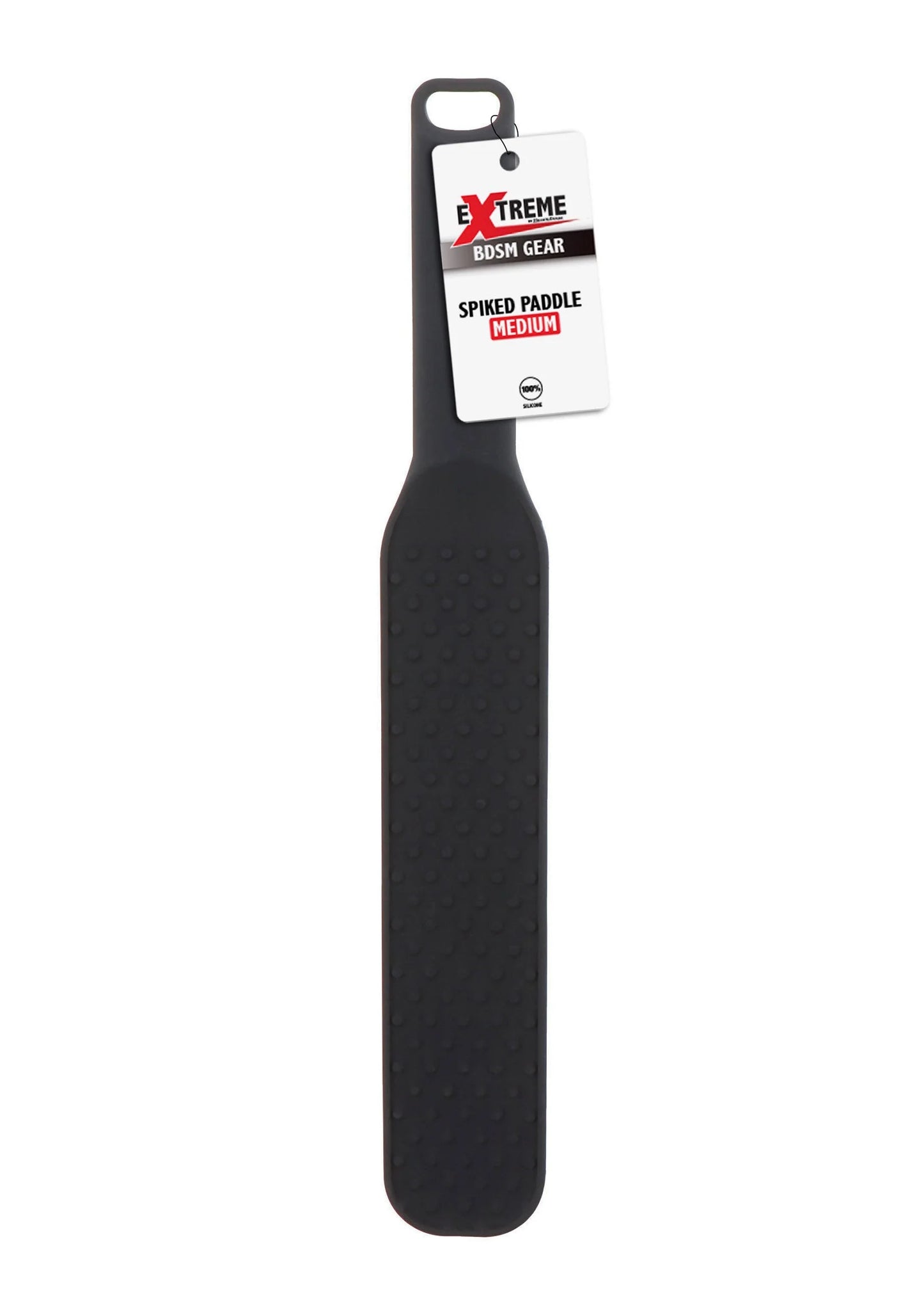 Zwarte spiked paddle Medium met ophangoog en labelverpakking zichtbaar boven het handvat.