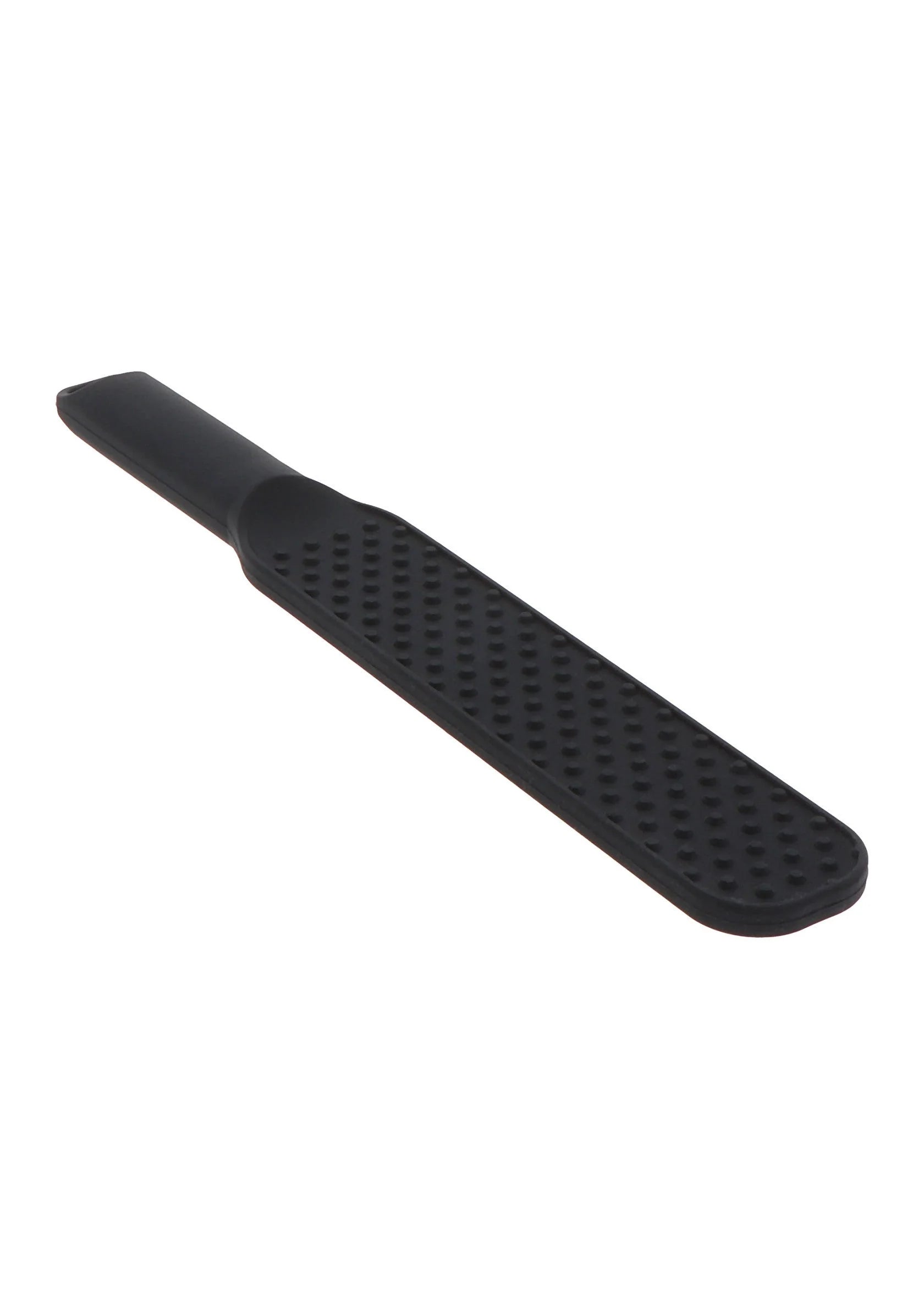 Zwarte spiked paddle schuin van boven, met stippenraster op het blad.