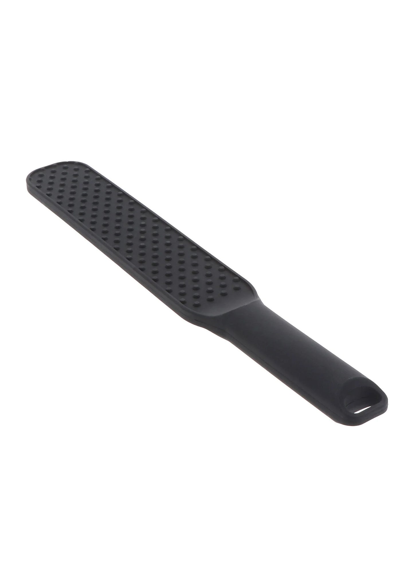 Zwarte spiked paddle schuin, met geperforeerde stippen en afgerond handvat.