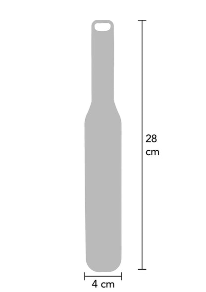 Zwarte spiked paddle met afmeting 28 cm en breedte 4 cm; ophangoog bovenaan.