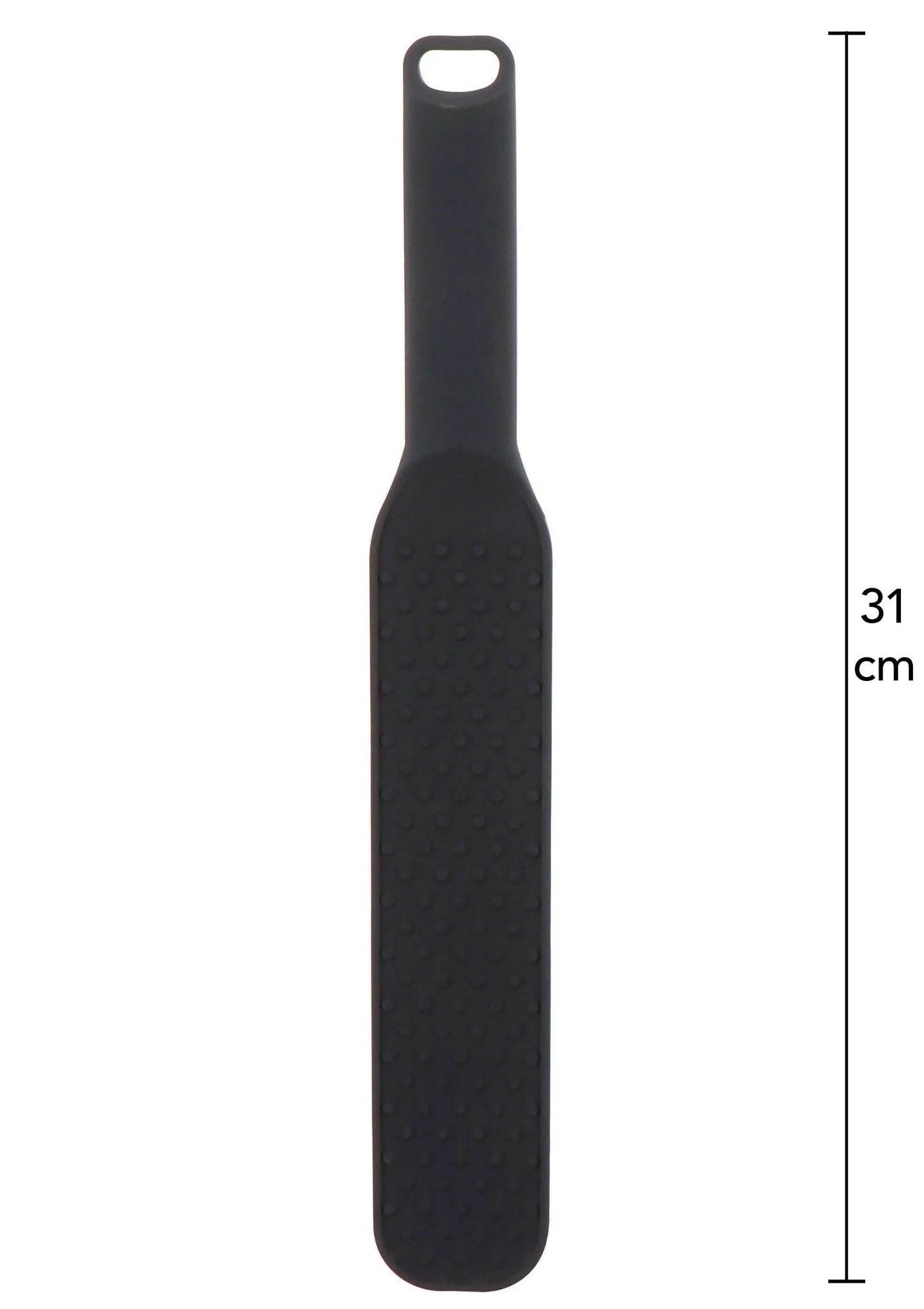 Zwarte spiked paddle met noppenstructuur op het brede deel en ophangoog bovenaan.