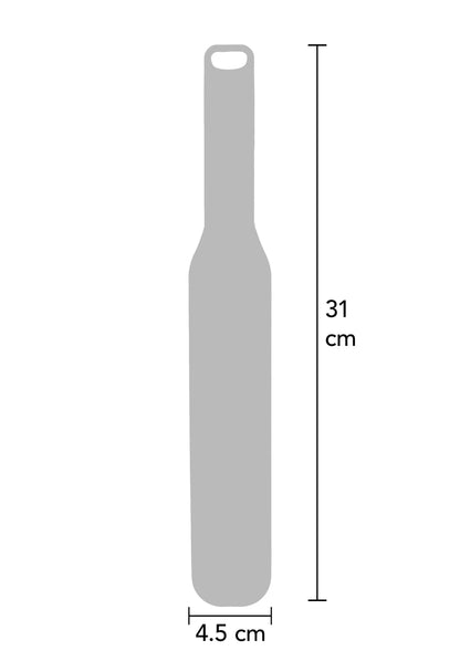 Zwarte spiked paddle: 31 cm lang, 4,5 cm breed, met ophangoog en genopte gripplaat.