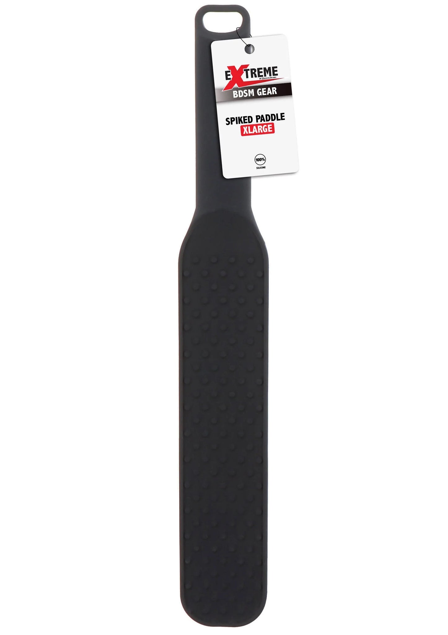 Zwarte stekelpaddle met hanglabel; noppen/gaatjesstructuur op blad