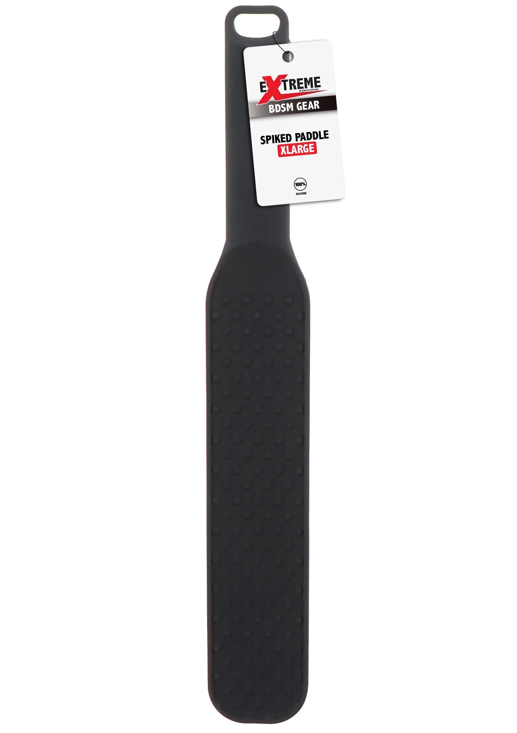 Zwarte stekelpaddle met hanglabel; noppen/gaatjesstructuur op blad