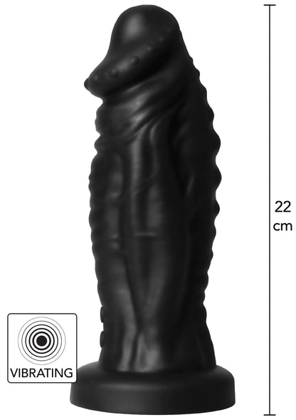 Zwarte monster-dildo met duivelachtige kop, vibrerende indicatie en 22 cm hoogte