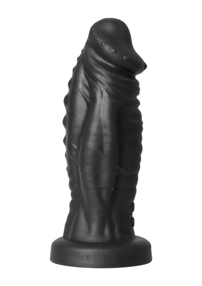 Zwarte vibrerende monster-dildo met ribbelreliëf en brede voet