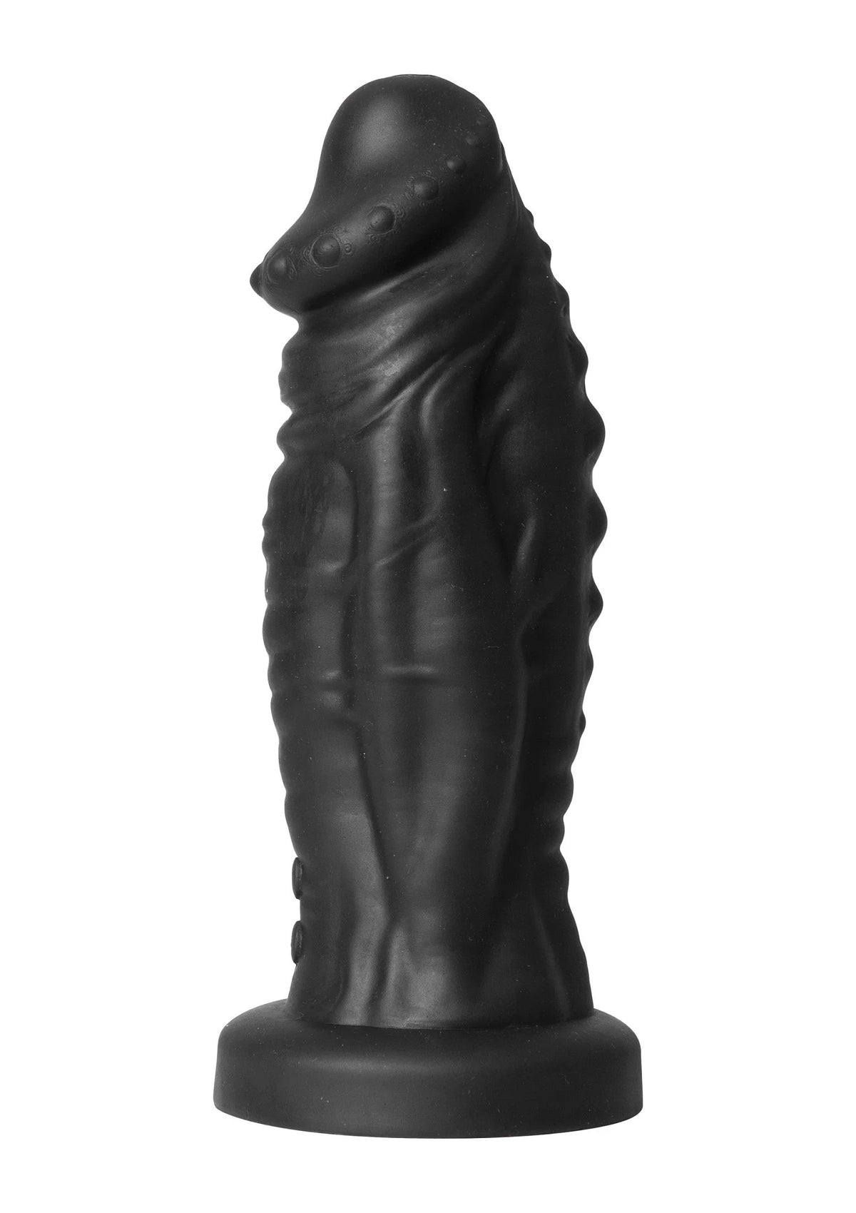 Zwarte monster-dildo met reliëfstructuur en brede voet