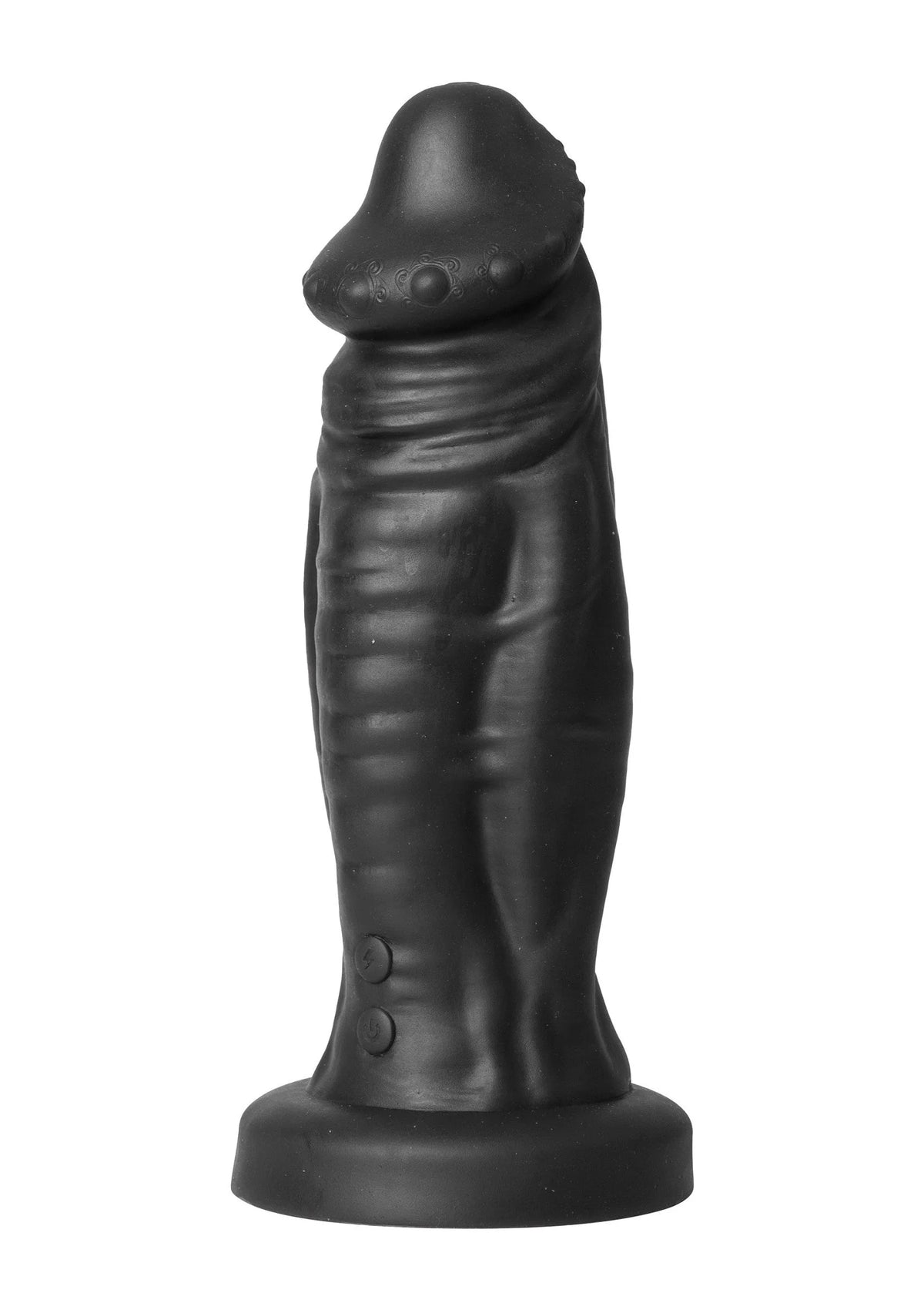 Zwarte monster-dildo in profiel met knoppenreliëf en brede voet