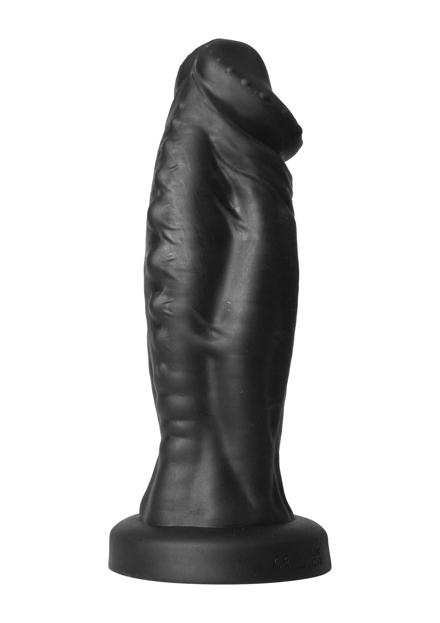 Zwarte monster-dildo in profiel met gedetailleerde reliëfs en brede voet