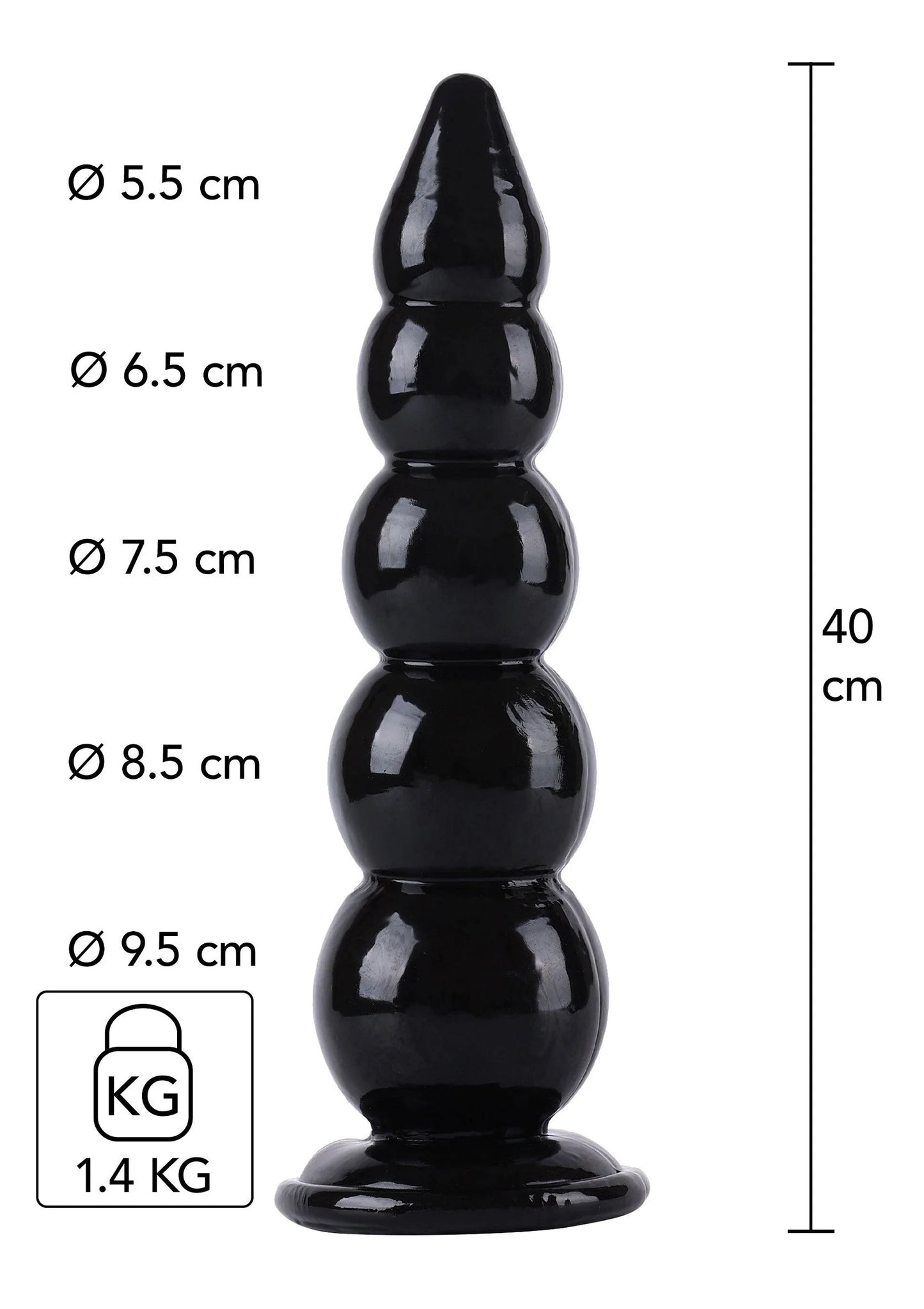 Zwarte glanzende buttplug met bolvormige segmenten, brede voet en logo, Hidden Desire.