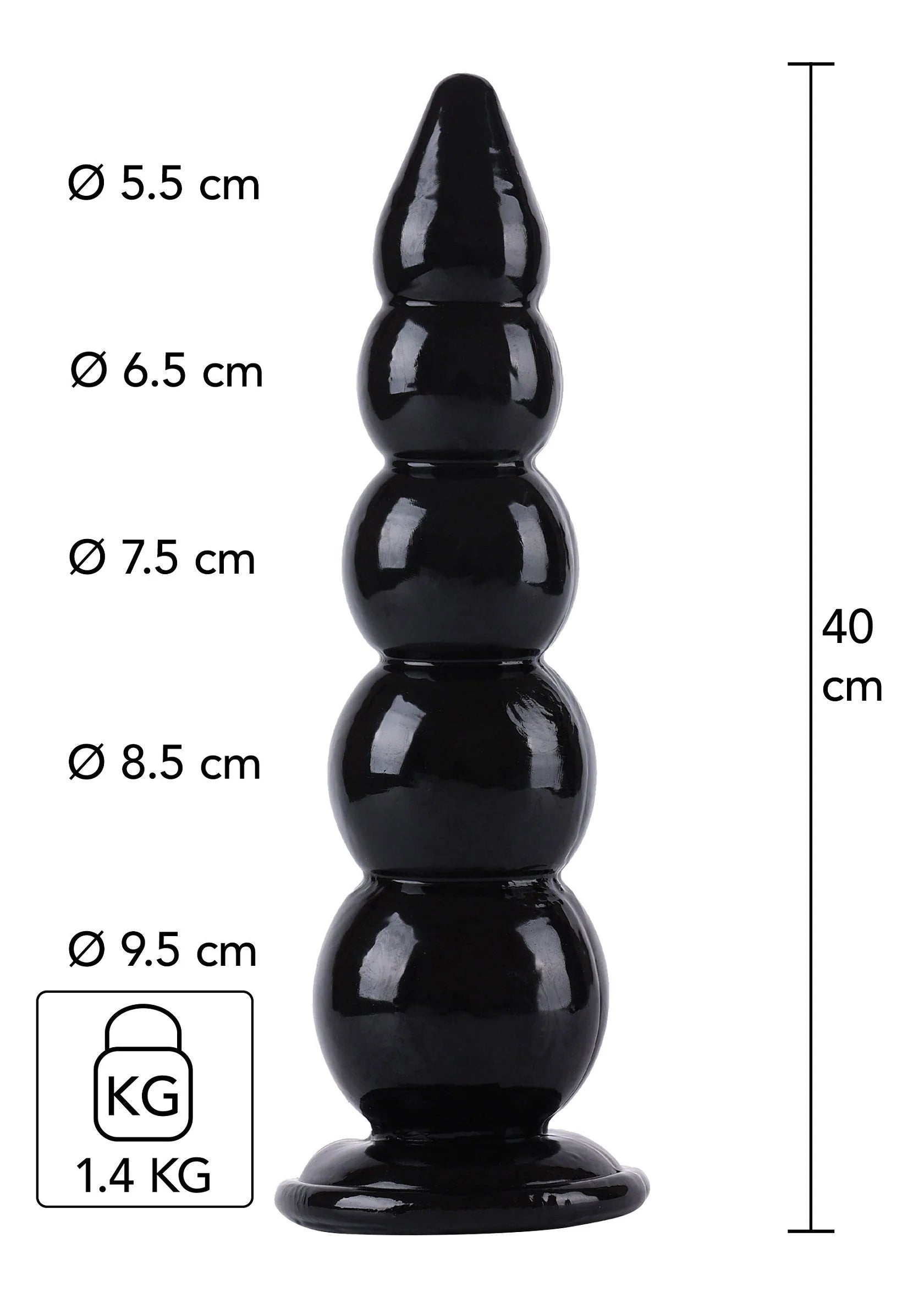 Zwarte glanzende buttplug met bolvormige segmenten, brede voet en logo, Hidden Desire.